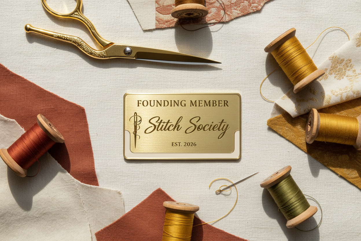Stitch Society Founding Member pass card with sewing tools, Est. 2026