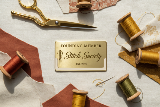 Stitch Society Founding Member pass card with sewing tools, Est. 2026